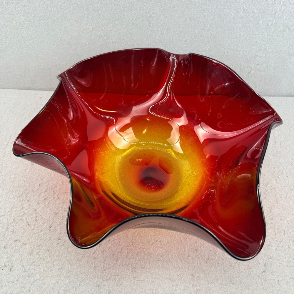 Blenko Tangerine Glass Ruffled Bowl Signed Richard Blenko Retro‎ 2002 MCM